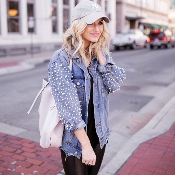 NEW Sunset & Spring Distressed Jean Jacket Oversized Pearl Embellished Denim XS - Picture 10 of 16